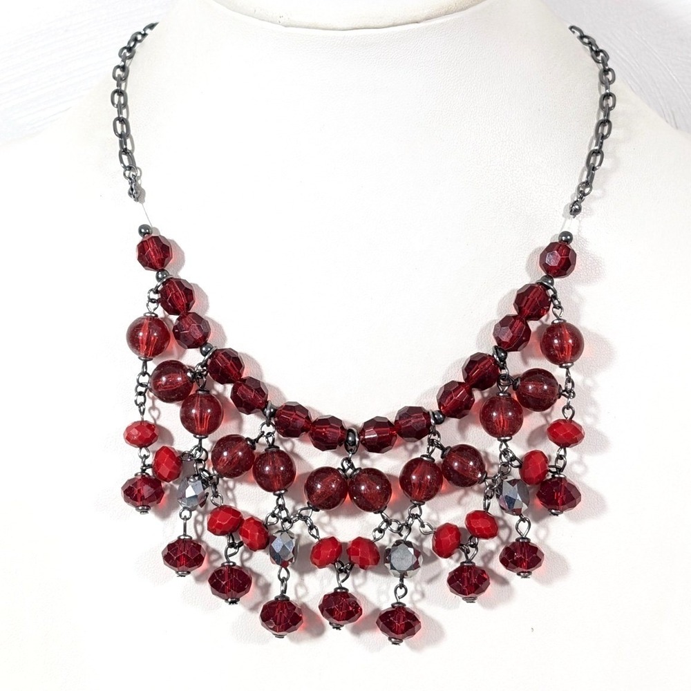 Red Beaded Statement Bib Necklace Faceted Glass Layered Bold Glam 21"